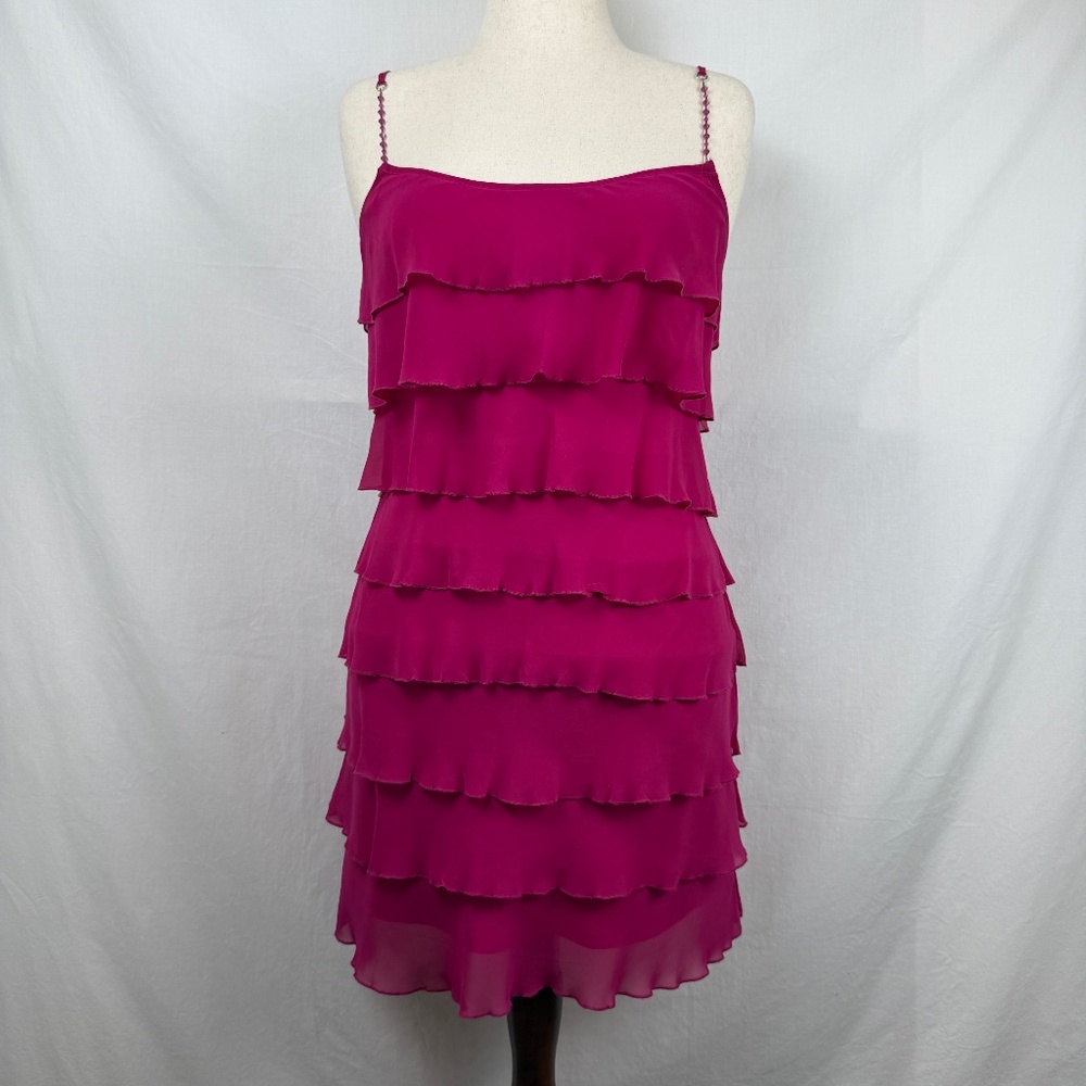ABS Tiered Ruffle Mini Dress Pink Magenta Beaded Straps Size 12P